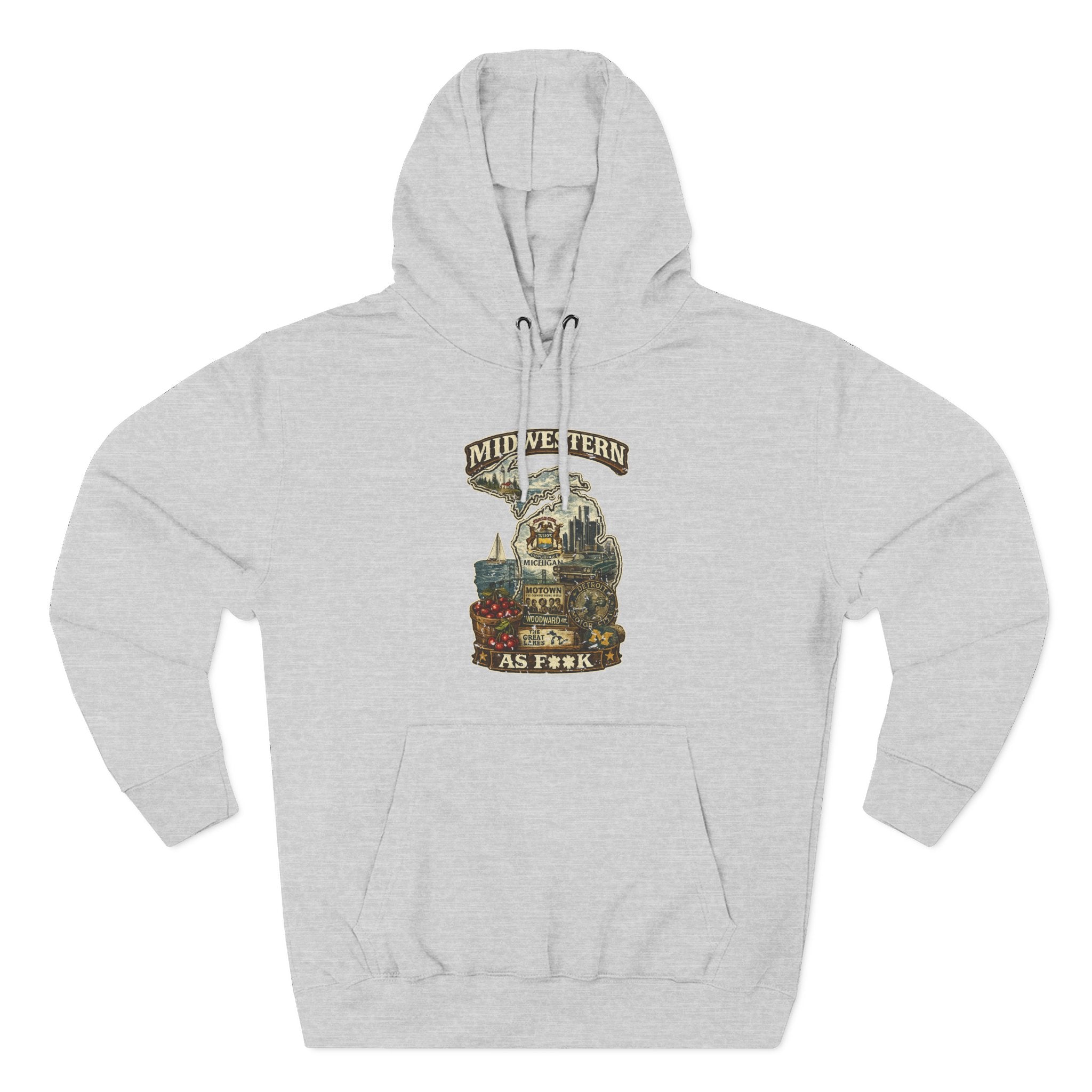 Slightly Salty Midwestern As F**K Michigan Hoodie in Heather Grey – a distressed vintage design featuring Michigan's Upper and Lower Peninsulas overlaid with the state outline, surrounded by Detroit's skyline, Woodward Avenue, the Great Lakes, and Traverse City cherries