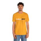 Man in a gold IDGAF Army tee and jeans, front print in white and charcoal
