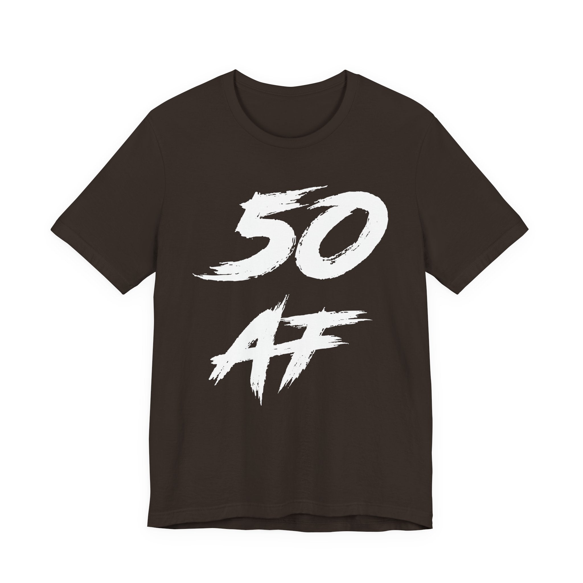 Brown Personalized Birthday AF t-shirt laid flat with a white brush-script 50 AF front print
