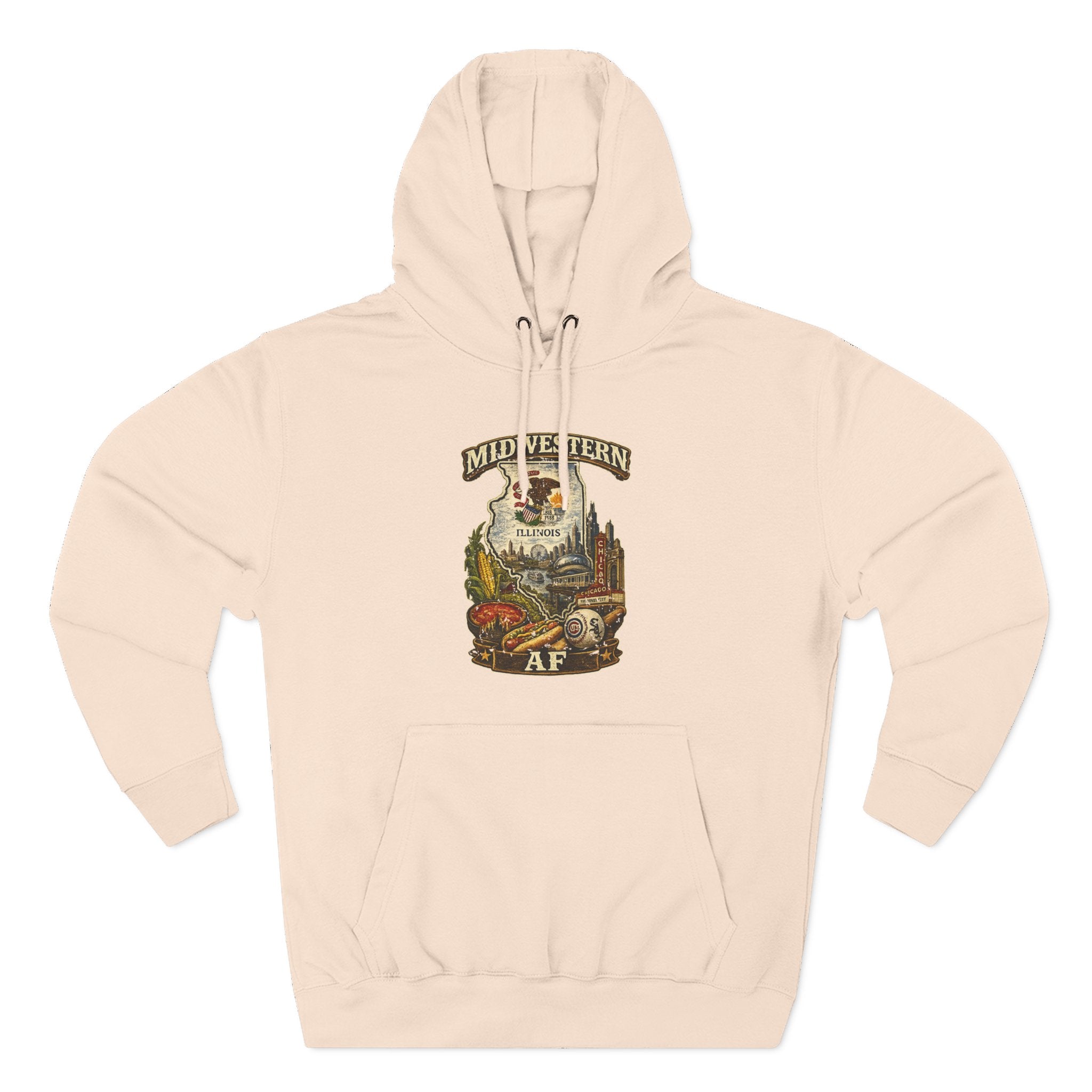 Family Friendly Midwestern AF Illinois Hoodie in Pale Pink – a distressed vintage design featuring the Illinois state outline overlaid with the state flag, surrounded by the Chicago skyline, the Chicago Theatre sign, The Bean, deep-dish pizza, a Chicago-style hot dog, and towering corn fields