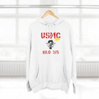Personalized USMC Marine Corps AF hoodie in White on a wooden hanger in a bright room