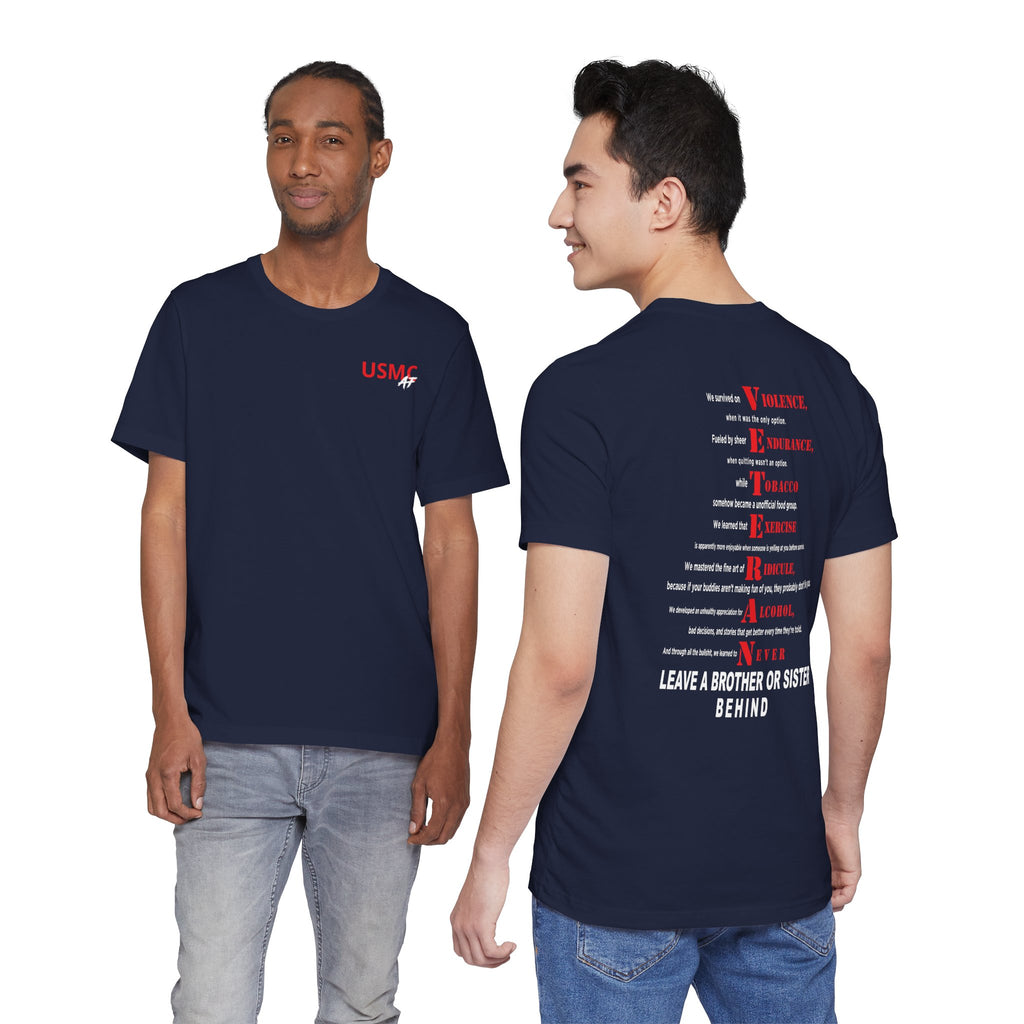 Two men wearing the Marine Corps veteran T-shirt in Navy, showing the front and back prints