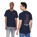 Two men wearing the Marine Corps veteran T-shirt in Navy, showing the front and back prints