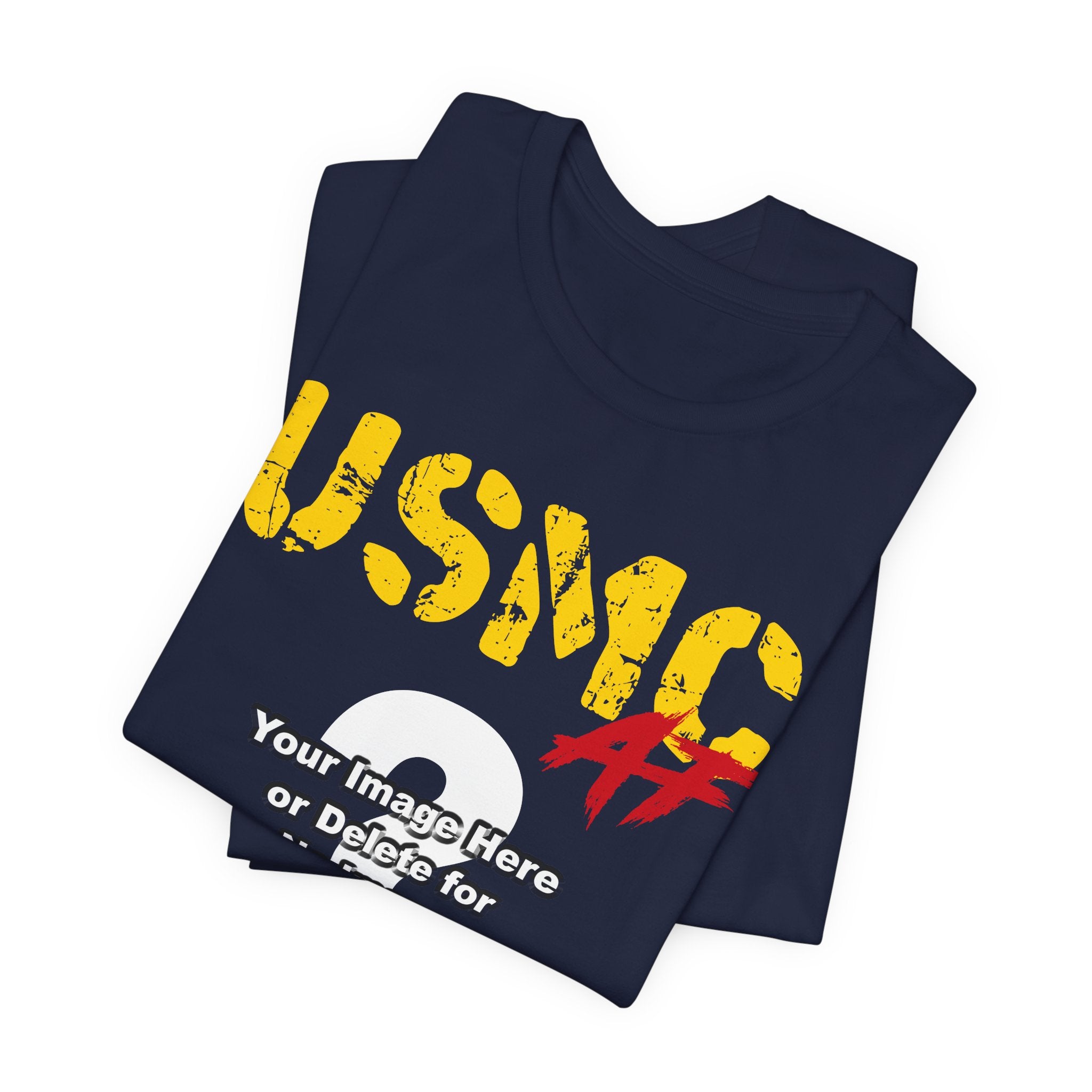 Personalized USMC Marine Corps AF T-shirt in Navy shown folded, with gold USMC lettering
