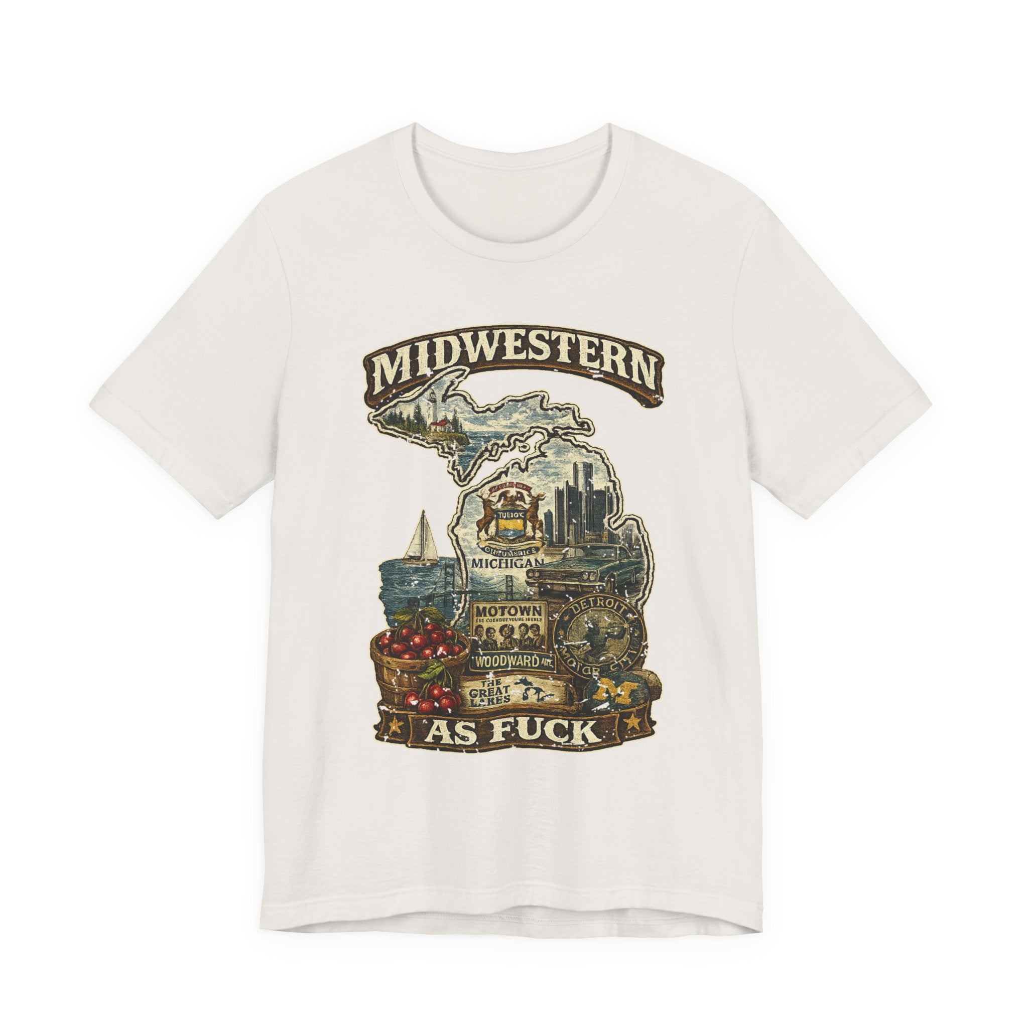 Midwestern As Fuck Michigan T-Shirt in Vintage White – a distressed vintage design featuring Michigan's Upper and Lower Peninsulas overlaid with the state outline, surrounded by Detroit's skyline, Woodward Avenue, the Great Lakes, and Traverse City cherries