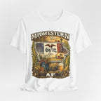 Family Friendly Midwestern AF Iowa T-Shirt – product photo 22 featuring a distressed vintage design featuring the outline of Iowa overlaid with the Iowa state flag, surrounded by towering corn stalks, rolling farmland, a classic red barn, a windmill, a tractor, and an overflowing harvest basket