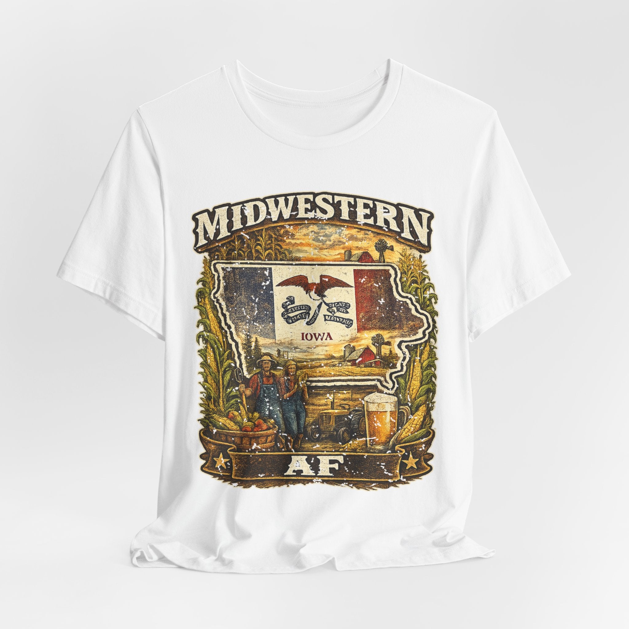 Family Friendly Midwestern AF Iowa T-Shirt – product photo 22 featuring a distressed vintage design featuring the outline of Iowa overlaid with the Iowa state flag, surrounded by towering corn stalks, rolling farmland, a classic red barn, a windmill, a tractor, and an overflowing harvest basket