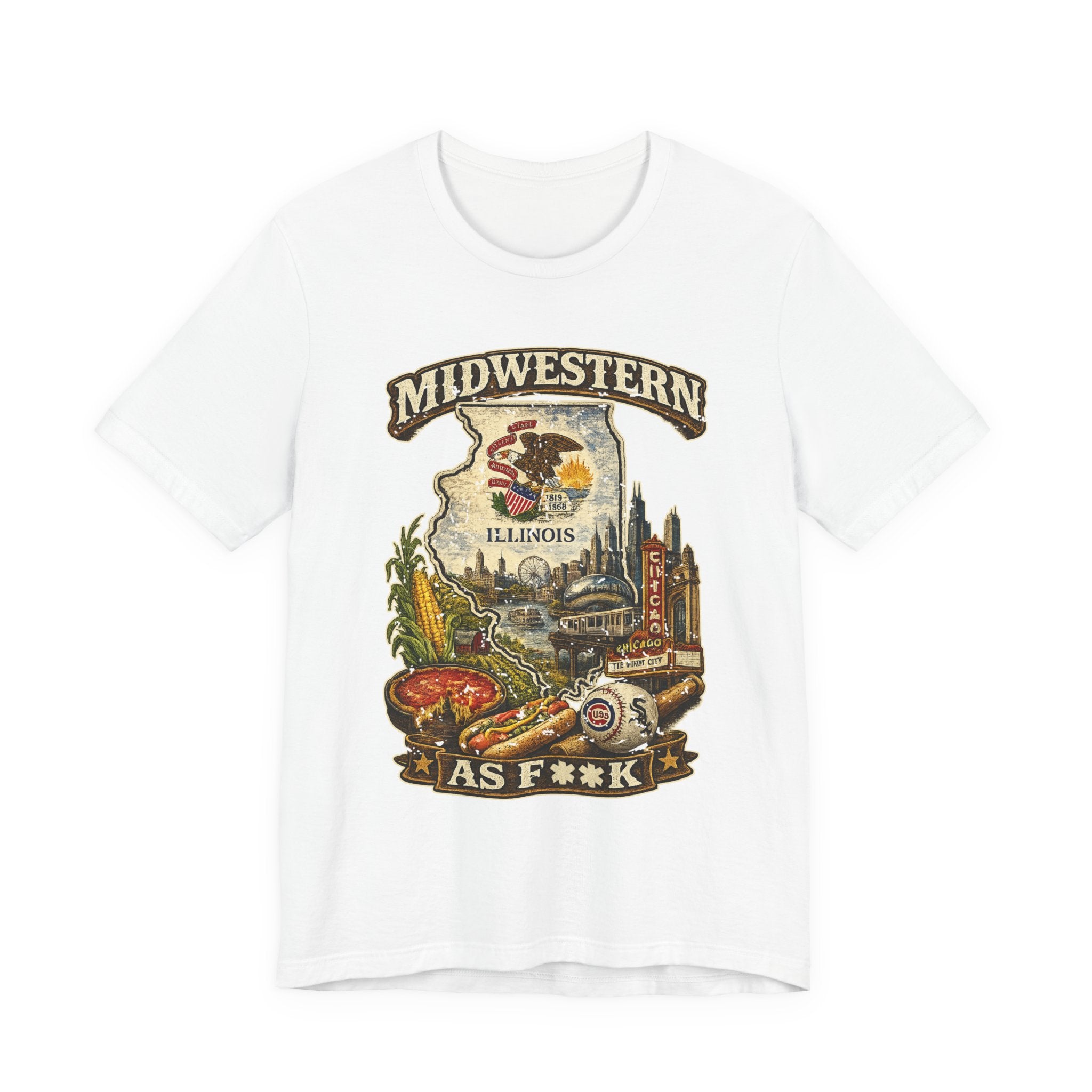 Slightly Salty Midwestern As F**K Illinois T-Shirt in White – a distressed vintage design featuring the Illinois state outline overlaid with the state flag, surrounded by the Chicago skyline, the Chicago Theatre sign, The Bean, deep-dish pizza, a Chicago-style hot dog, and towering corn fields