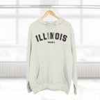 Oatmeal Heather custom Illinois hoodie on a wooden hanger, charcoal varsity ILLINOIS and a Chicago IL line