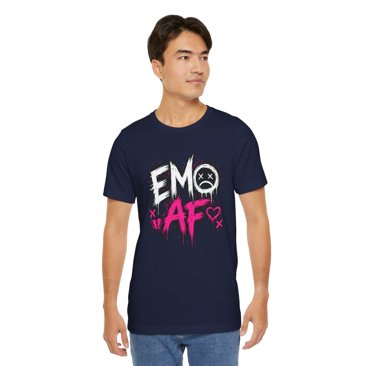 Man wearing the Navy EMO AF tee, white EMO type and hot-pink AF on the chest