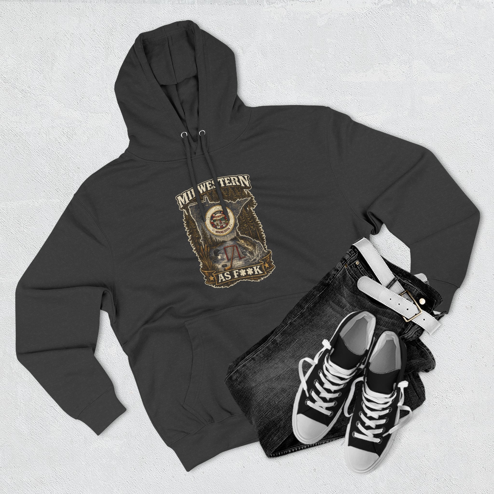 Slightly Salty Midwestern As F**K Minnesota Hoodie – product photo 15 featuring the distressed state flag, pine trees, loon and walleye design