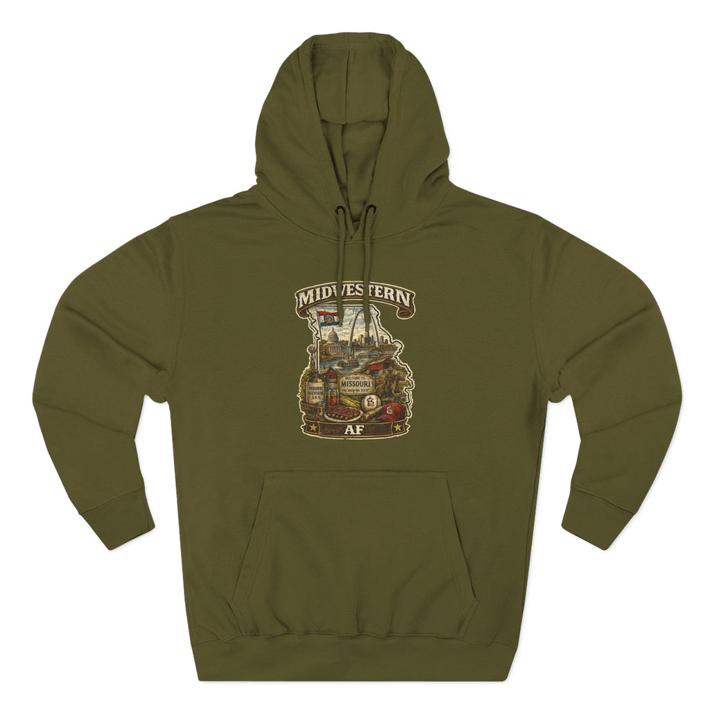 Missouri Midwestern AF hoodie in Army Green laid flat, vintage Show-Me State graphic design