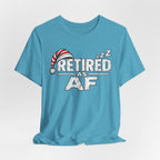 Heather Aqua Retired AF T-shirt draped and rumpled, front RETIRED AS AF graphic facing the camera