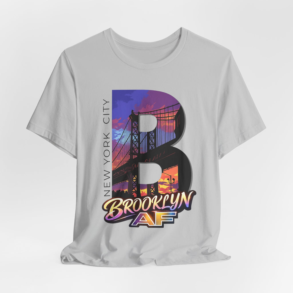Athletic Heather grey tee, flat lay, front view, with the oversized "B" Brooklyn Bridge sunset skyline graphic.