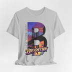 Athletic Heather grey tee, flat lay, front view, with the oversized "B" Brooklyn Bridge sunset skyline graphic.