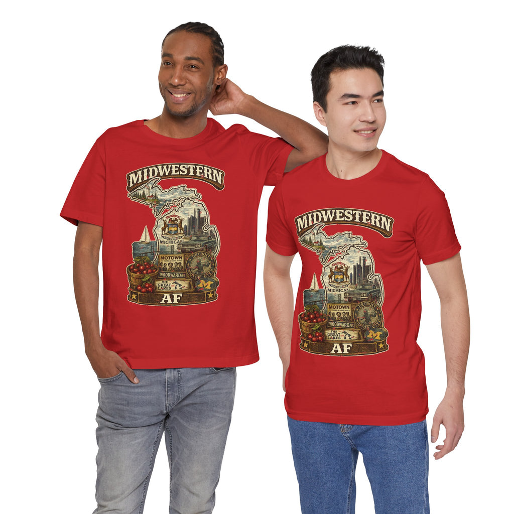 Family Friendly Midwestern AF Michigan T-Shirt – product photo 2 featuring a distressed vintage design featuring Michigan's Upper and Lower Peninsulas overlaid with the state outline, surrounded by Detroit's skyline, Woodward Avenue, the Great Lakes, and Traverse City cherries