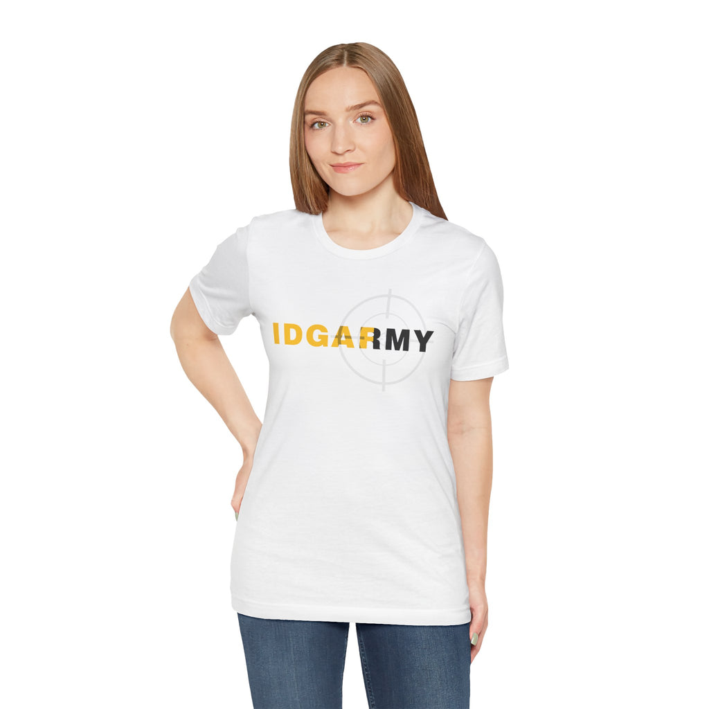 Woman wearing the white IDGAF Army tee, gold and charcoal front print over a grey target