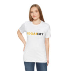 Woman wearing the white IDGAF Army tee, gold and charcoal front print over a grey target