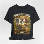 Family Friendly Midwestern AF Iowa T-Shirt – product photo 28 featuring a distressed vintage design featuring the outline of Iowa overlaid with the Iowa state flag, surrounded by towering corn stalks, rolling farmland, a classic red barn, a windmill, a tractor, and an overflowing harvest basket