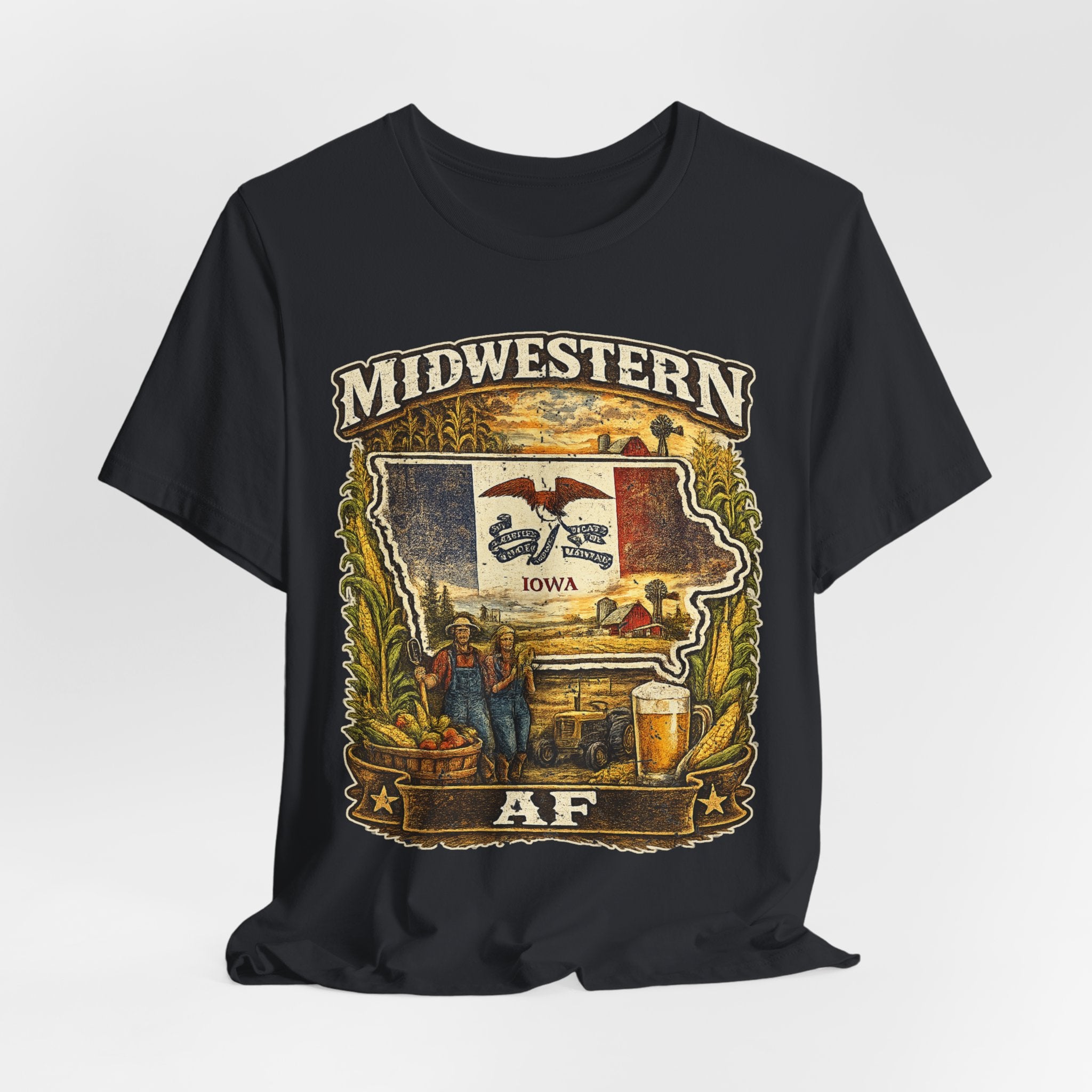 Family Friendly Midwestern AF Iowa T-Shirt – product photo 28 featuring a distressed vintage design featuring the outline of Iowa overlaid with the Iowa state flag, surrounded by towering corn stalks, rolling farmland, a classic red barn, a windmill, a tractor, and an overflowing harvest basket