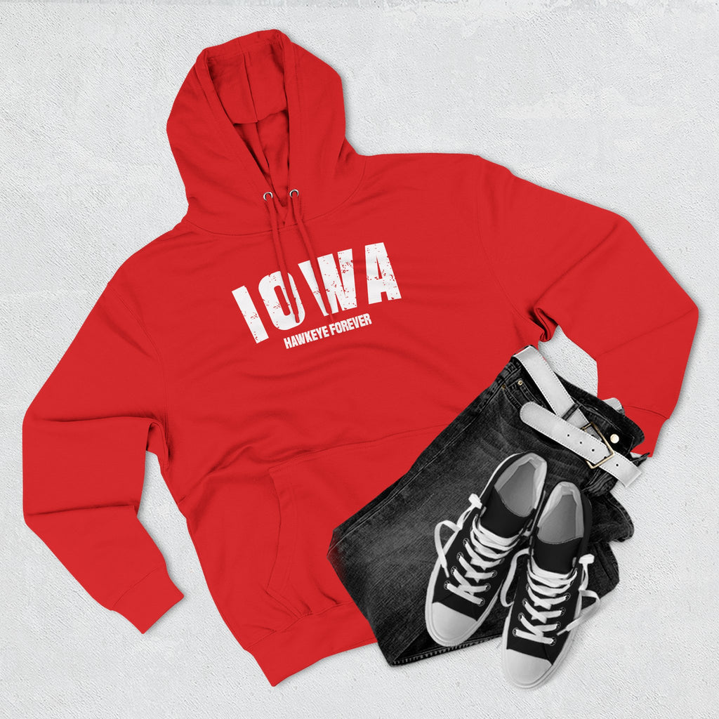 Red Iowa hoodie styled flat with jeans and trainers, white varsity IOWA above HAWKEYE FOREVER