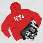 Red Iowa hoodie styled flat with jeans and trainers, white varsity IOWA above HAWKEYE FOREVER