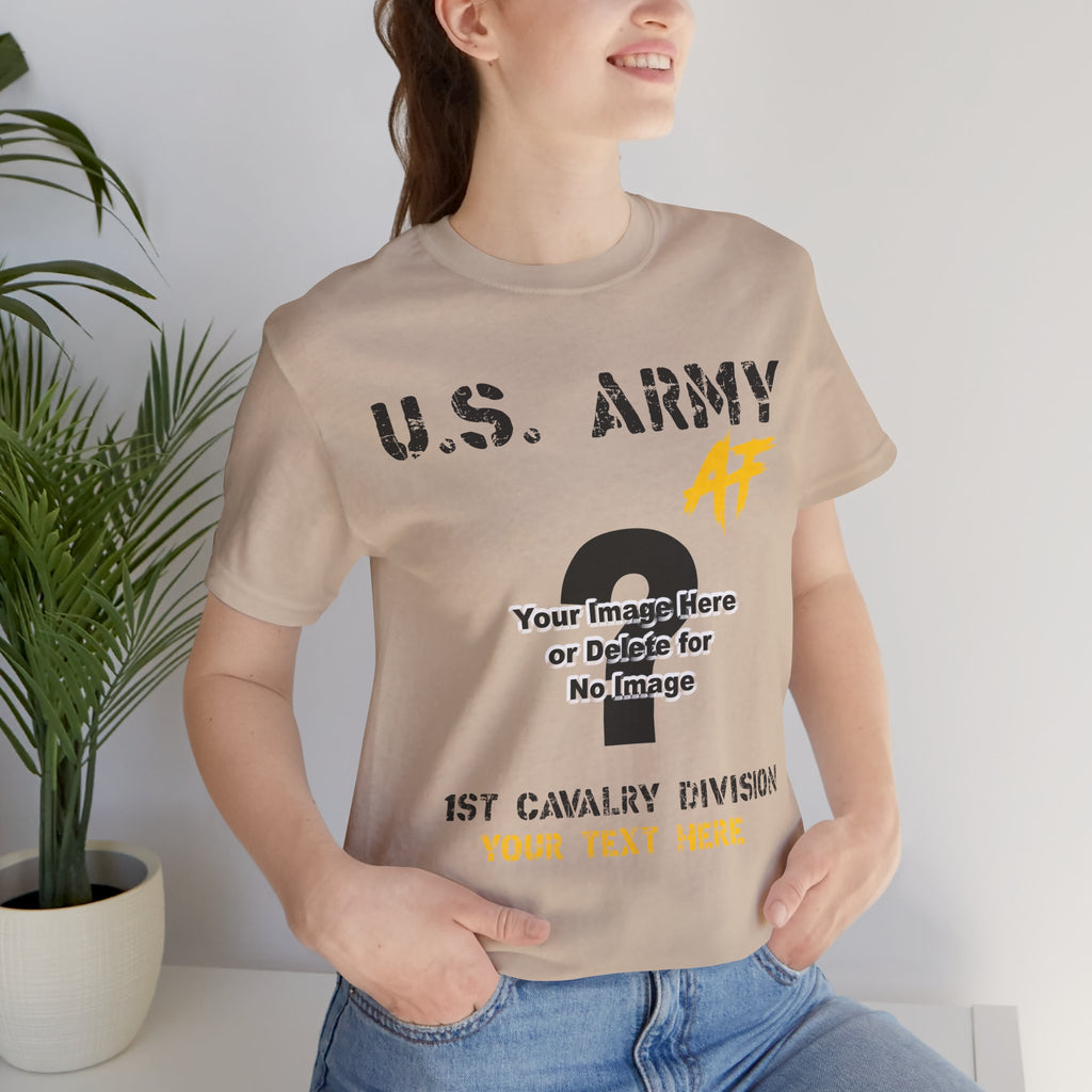 Woman wearing the Personalized U.S. Army AF T-shirt in Tan beside a houseplant