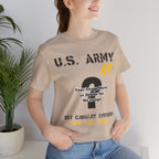 Woman wearing the Personalized U.S. Army AF T-shirt in Tan beside a houseplant