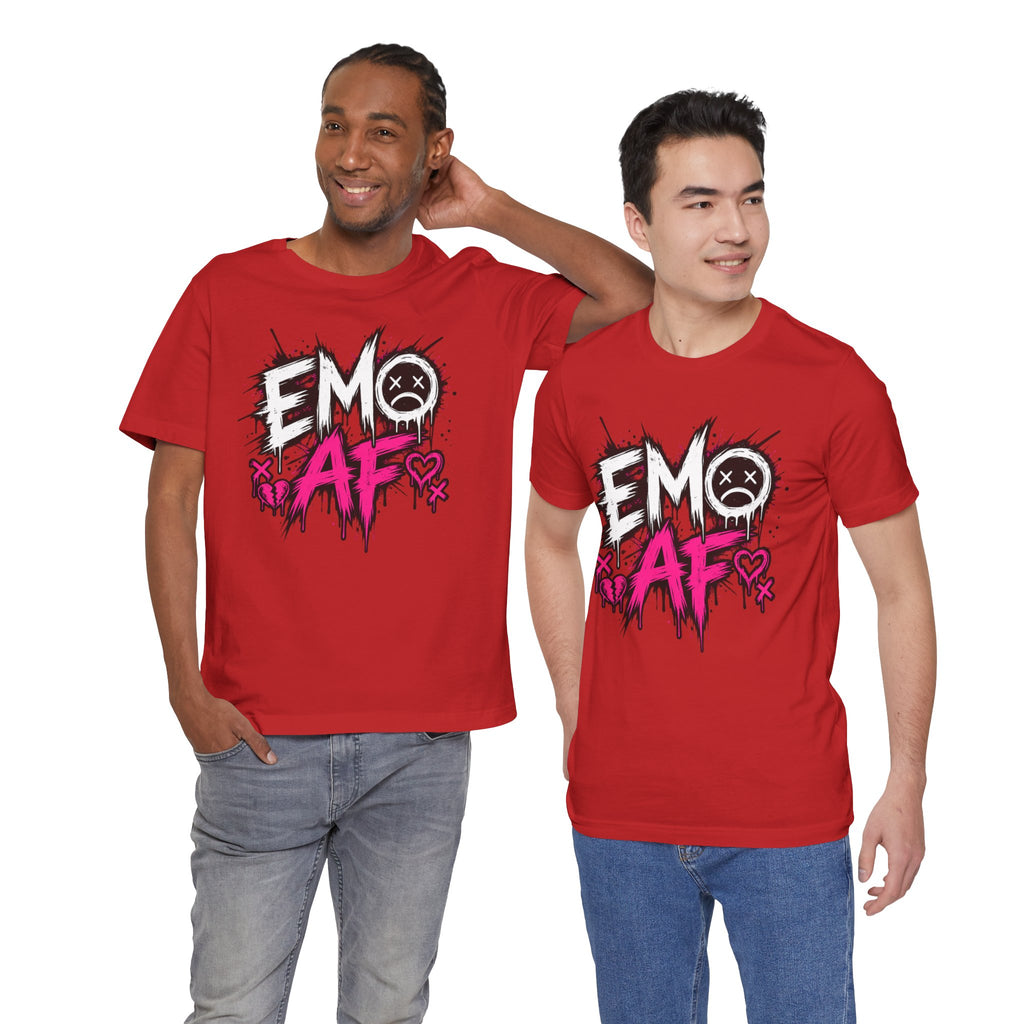 Two men wearing the Red EMO AF tee, white and pink grunge print on the chest