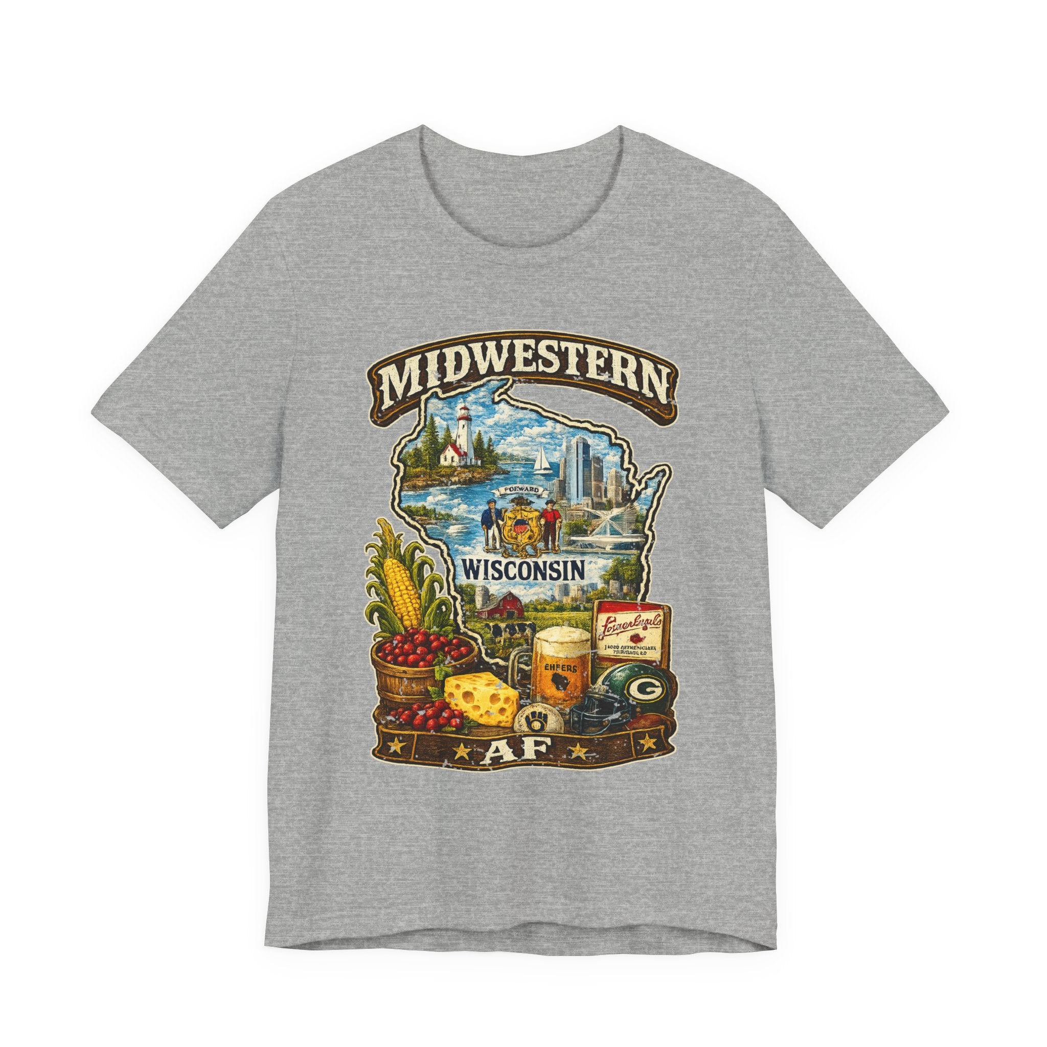 Athletic Heather Midwestern AF Wisconsin T-Shirt, family friendly Cheesehead State pride tee