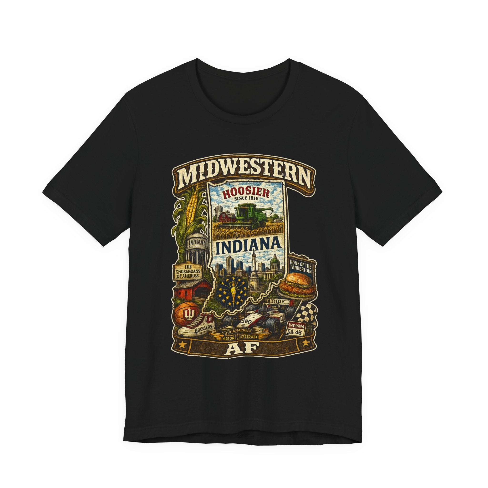 Black Midwestern AF Indiana T-Shirt, family friendly Hoosier State pride tee