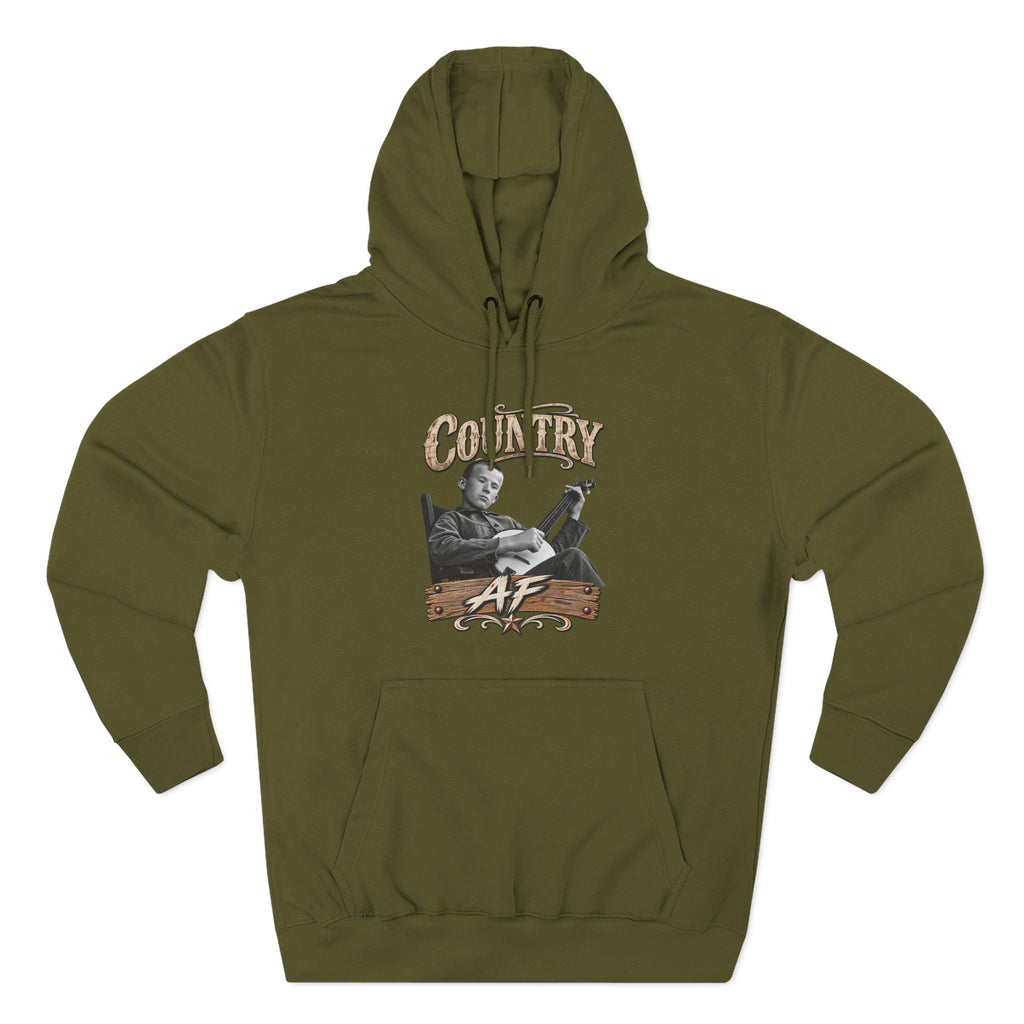 Army Green Country AF hoodie laid flat with the banjo-player graphic
