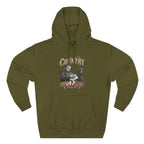 Army Green Country AF hoodie laid flat with the banjo-player graphic