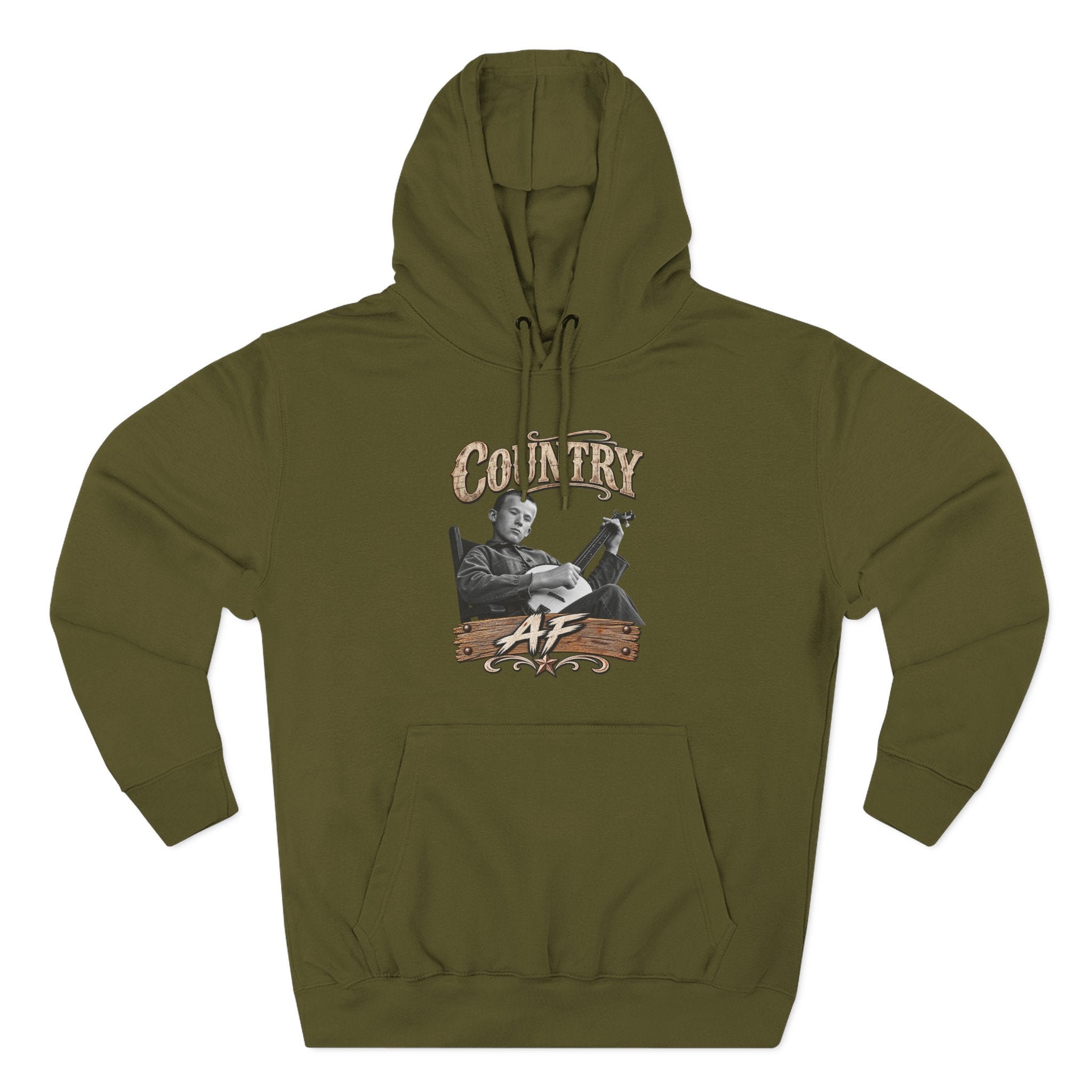 Army Green Country AF hoodie laid flat with the banjo-player graphic