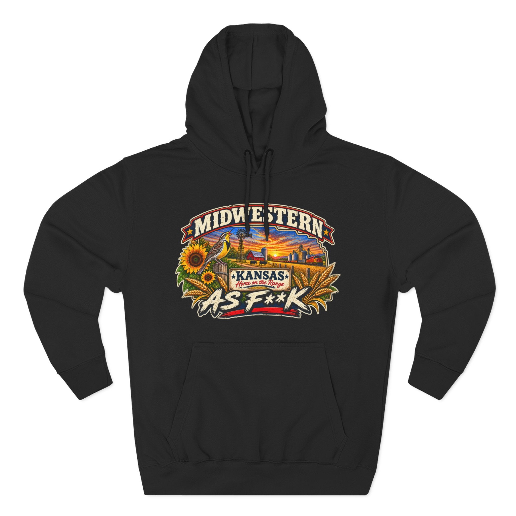 Black Kansas As F**K hoodie laid flat showing the full-colour Sunflower State graphic