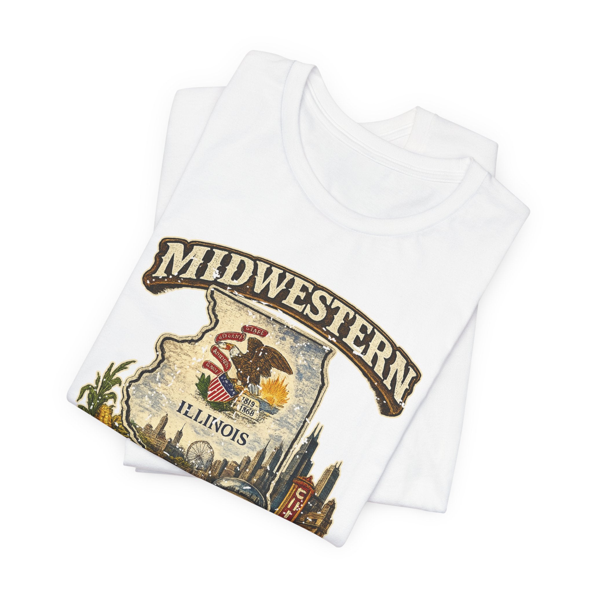 Slightly Salty Midwestern As F**K Illinois T-Shirt – product photo 21 featuring a distressed vintage design featuring the Illinois state outline overlaid with the state flag, surrounded by the Chicago skyline, the Chicago Theatre sign, The Bean, deep-dish pizza, a Chicago-style hot dog, and towering corn fields