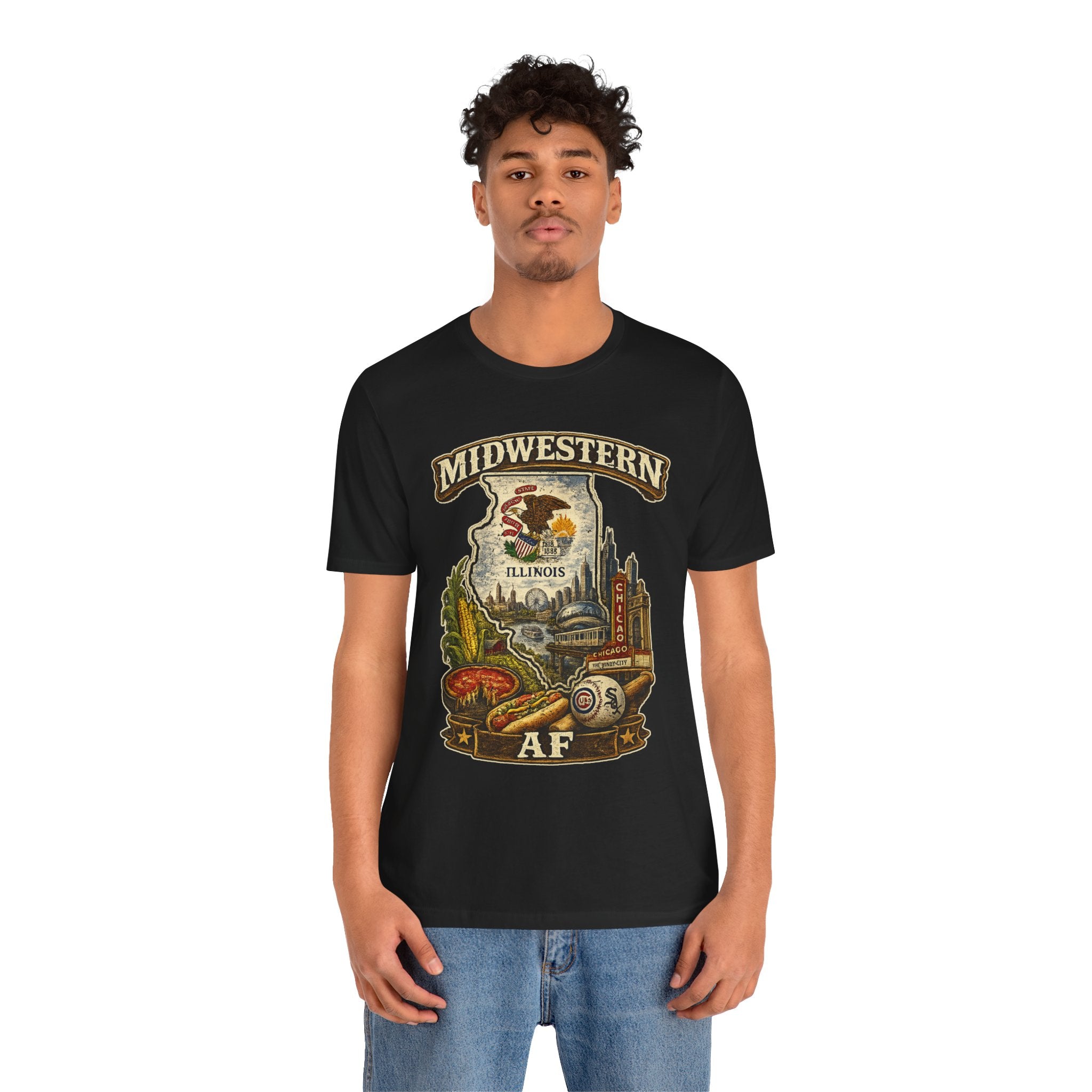 Family Friendly Midwestern AF Illinois T-Shirt – product photo 3 featuring a distressed vintage design featuring the Illinois state outline overlaid with the state flag, surrounded by the Chicago skyline, the Chicago Theatre sign, The Bean, deep-dish pizza, a Chicago-style hot dog, and towering corn fields