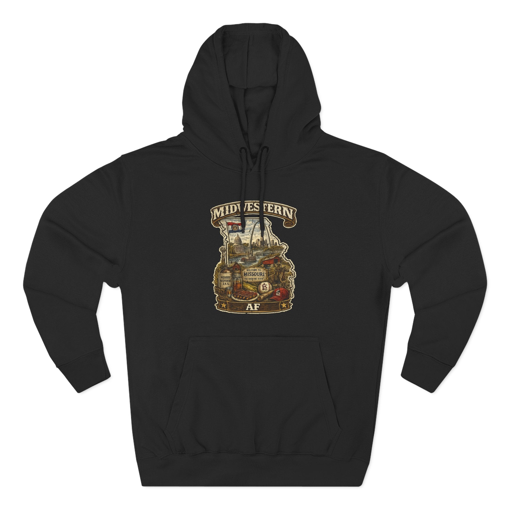 Missouri Midwestern AF hoodie in Black laid flat, vintage Show-Me State graphic design