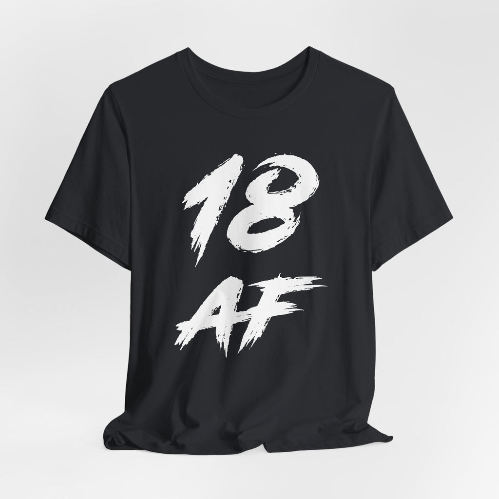 Vintage Black birthday t-shirt laid flat and rumpled, white 18 AF chest graphic