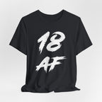 Vintage Black birthday t-shirt laid flat and rumpled, white 18 AF chest graphic
