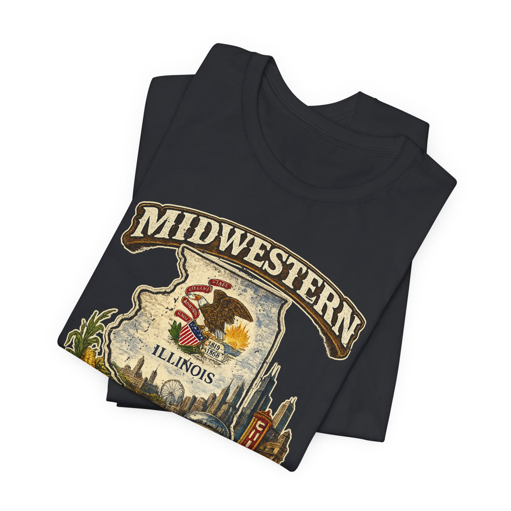 Midwestern As Fuck Illinois T-Shirt – product photo 27 featuring a distressed vintage design featuring the Illinois state outline overlaid with the state flag, surrounded by the Chicago skyline, the Chicago Theatre sign, The Bean, deep-dish pizza, a Chicago-style hot dog, and towering corn fields