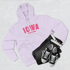 Lilac Iowa hoodie styled flat with jeans and trainers, pink varsity IOWA over HAWKEYE STRONG