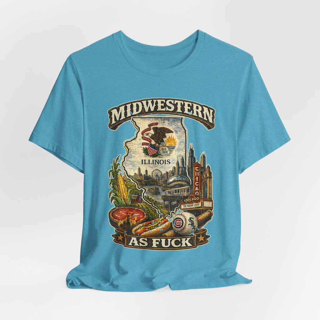 Midwestern As Fuck Illinois T-Shirt – product photo 14 featuring a distressed vintage design featuring the Illinois state outline overlaid with the state flag, surrounded by the Chicago skyline, the Chicago Theatre sign, The Bean, deep-dish pizza, a Chicago-style hot dog, and towering corn fields