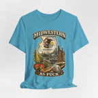 Midwestern As Fuck Illinois T-Shirt – product photo 14 featuring a distressed vintage design featuring the Illinois state outline overlaid with the state flag, surrounded by the Chicago skyline, the Chicago Theatre sign, The Bean, deep-dish pizza, a Chicago-style hot dog, and towering corn fields