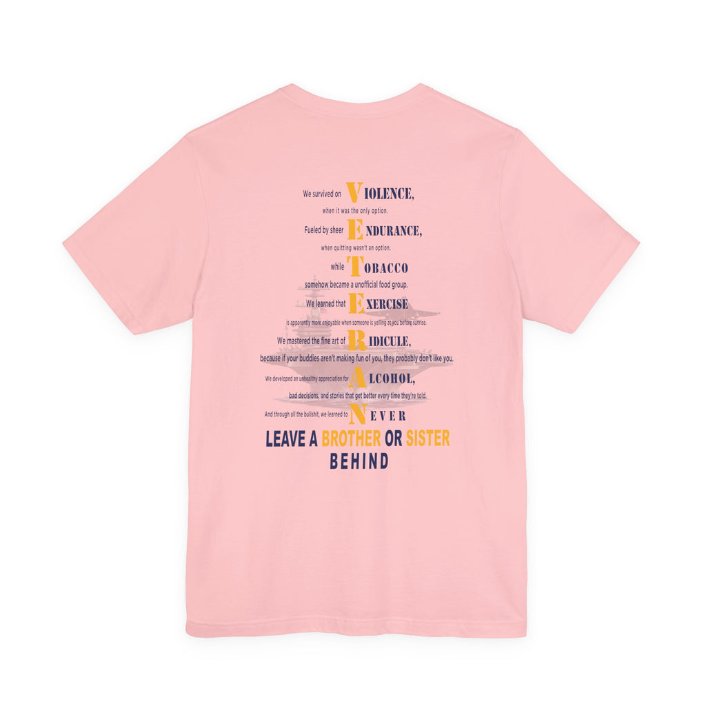 Navy veteran tee in Pink with the VETERAN acrostic back print over a faded aircraft carrier