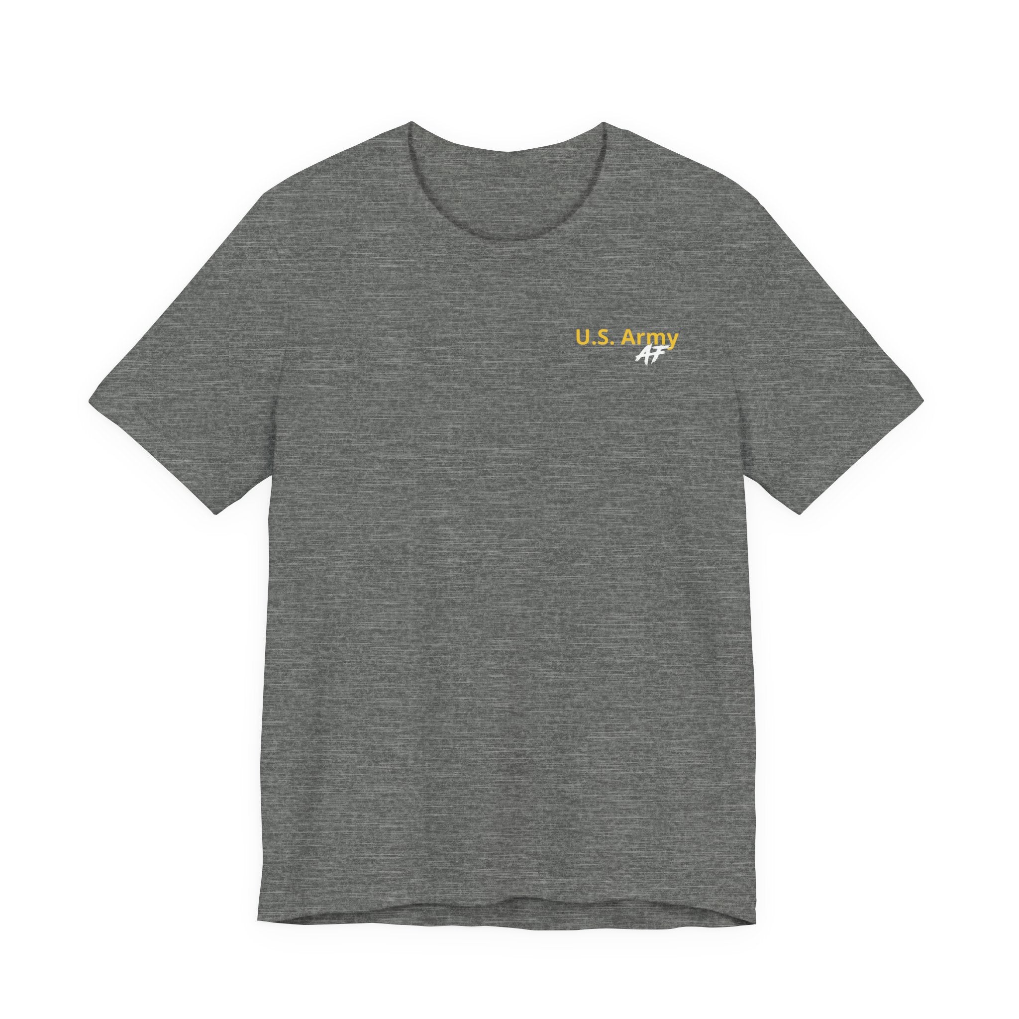 Army veteran T-shirt in Deep Heather laid flat with the gold U.S. Army AF chest print
