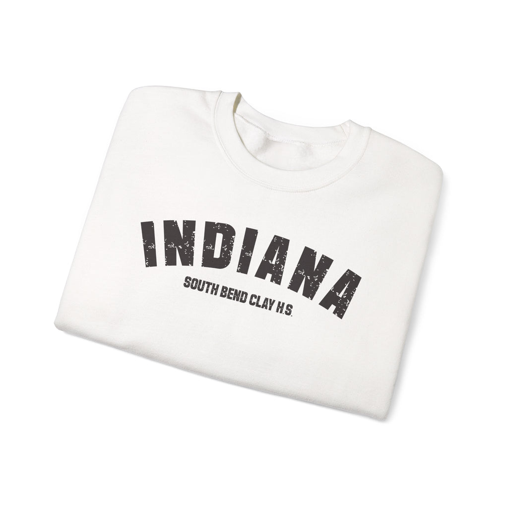 White Indiana varsity sweatshirt folded, charcoal INDIANA above a custom South Bend high school line