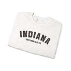 White Indiana varsity sweatshirt folded, charcoal INDIANA above a custom South Bend high school line