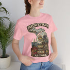 Slightly Salty Midwestern As F**K Michigan T-Shirt – product photo 17 featuring a distressed vintage design featuring Michigan's Upper and Lower Peninsulas overlaid with the state outline, surrounded by Detroit's skyline, Woodward Avenue, the Great Lakes, and Traverse City cherries