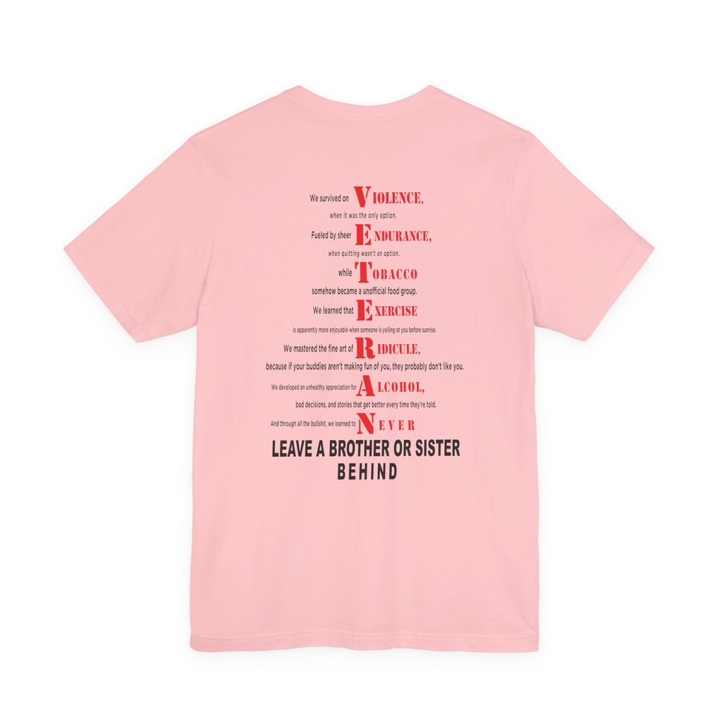 Marine Corps veteran T-shirt in Pink showing the full VETERAN acrostic back print